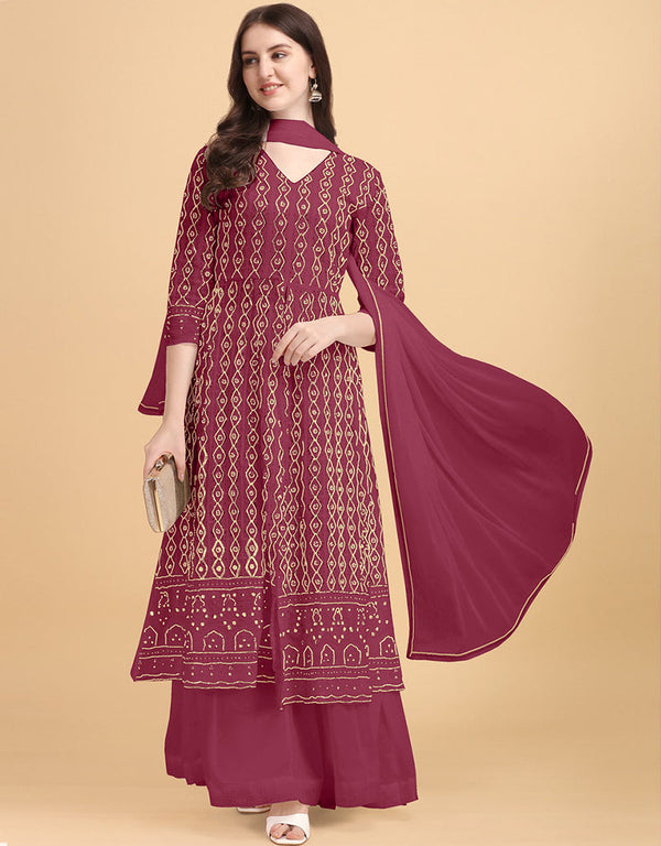 Light Maroon Palazzo style Dress Faux Georgette Salwar Kameez in Heavy Sequins Embroidery & Lace Work