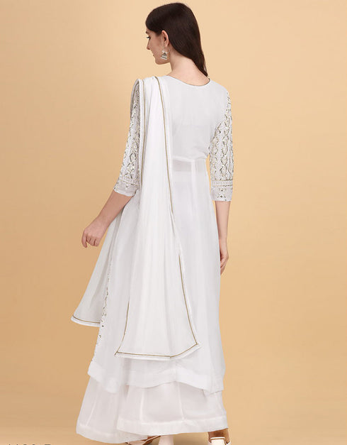 White Palazzo style Dress Faux Georgette Salwar Kameez in Heavy Sequins Embroidery & Lace Work Closure View
