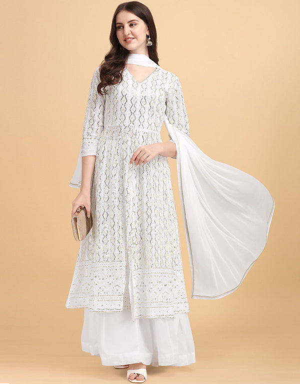 White Palazzo style Dress Faux Georgette Salwar Kameez in Heavy Sequins Embroidery & Lace Work