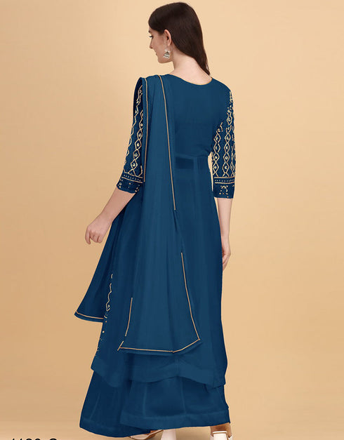Navy Blue Palazzo style Dress Faux Georgette Salwar Kameez in Heavy Sequins Embroidery & Lace Work Closure View