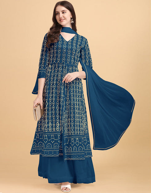 Navy Blue Palazzo style Dress Faux Georgette Salwar Kameez in Heavy Sequins Embroidery & Lace Work