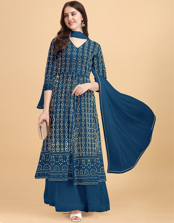 Navy Blue Palazzo style Dress Faux Georgette Salwar Kameez in Heavy Sequins Embroidery & Lace Work