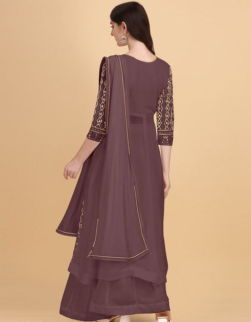 Light Brown Palazzo style Dress Faux Georgette Salwar Kameez in Heavy Sequins Embroidery & Lace Work Closure View