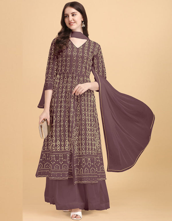 Light Brown Palazzo style Dress Faux Georgette Salwar Kameez in Heavy Sequins Embroidery & Lace Work