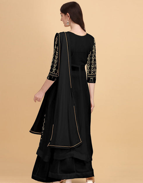 Black Palazzo style Dress Faux Georgette Salwar Kameez in Heavy Sequins Embroidery & Lace Work Closure View