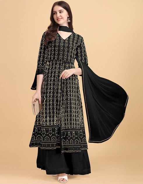 Black Palazzo style Dress Faux Georgette Salwar Kameez in Heavy Sequins Embroidery & Lace Work