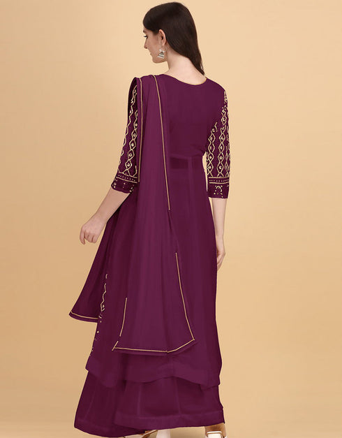 Magenta Palazzo style Dress Faux Georgette Salwar Kameez in Heavy Sequins Embroidery & Lace Work Closure View