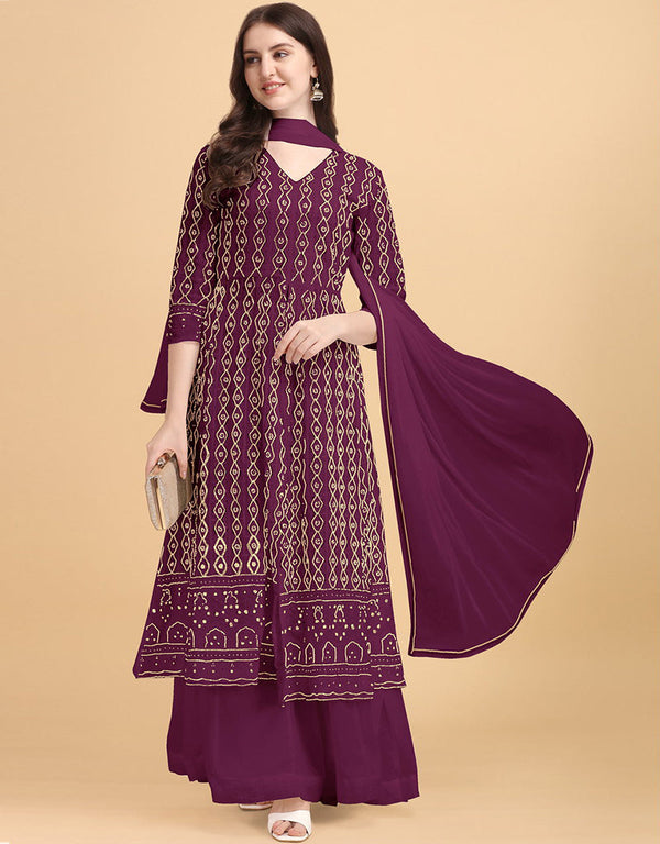 Magenta Palazzo style Dress Faux Georgette Salwar Kameez in Heavy Sequins Embroidery & Lace Work