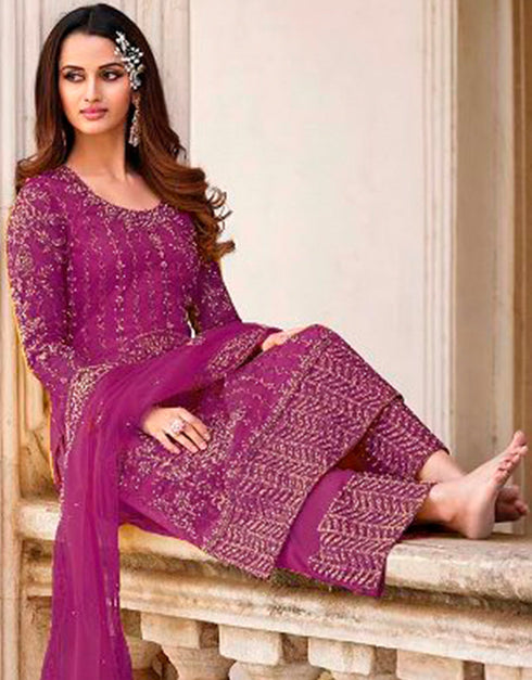 Light Purple Palazzo style Straight Butterfly Net Salwar Kameez in Cording Embroidery, Stone & Lace Work Closure View