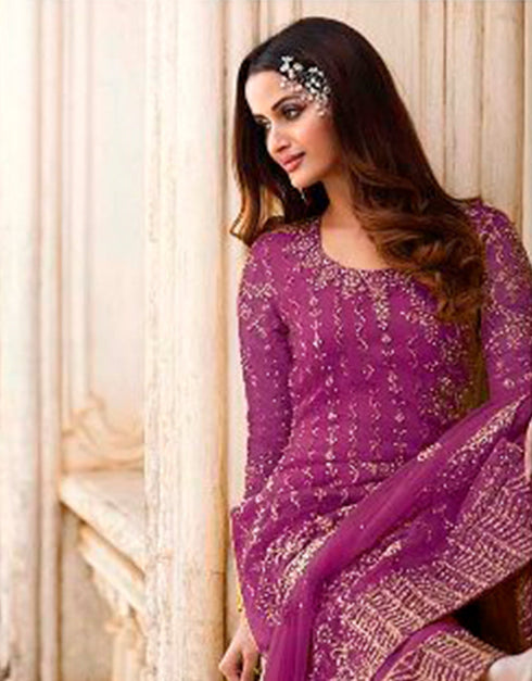 Light Purple Palazzo style Straight Butterfly Net Salwar Kameez in Cording Embroidery, Stone & Lace Work Closure View Embroidery