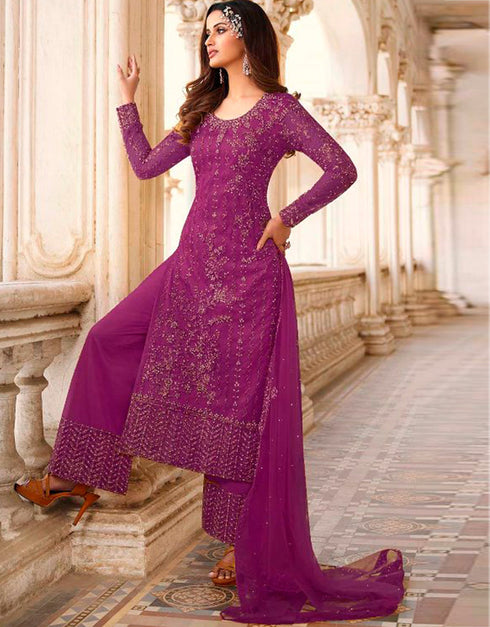 Light Purple Palazzo style Straight Butterfly Net Salwar Kameez in Cording Embroidery, Stone & Lace Work