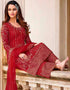 Red Palazzo style Straight Butterfly Net Salwar Kameez in Cording Embroidery, Stone & Lace Work Closure View