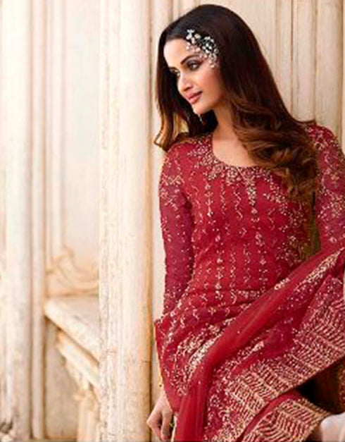 Red Palazzo style Straight Butterfly Net Salwar Kameez in Cording Embroidery, Stone & Lace Work Closure View Embroidery