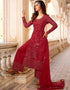 Red Palazzo style Straight Butterfly Net Salwar Kameez in Cording Embroidery, Stone & Lace Work