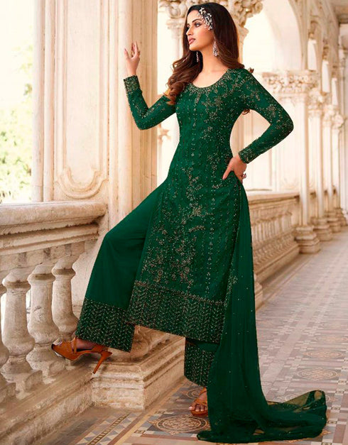 Green Palazzo style Straight Butterfly Net Salwar Kameez in Cording Embroidery, Stone & Lace Work