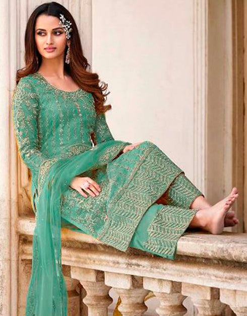 Sea Green Palazzo style Straight Butterfly Net Salwar Kameez in Cording Embroidery, Stone & Lace Work Closure View
