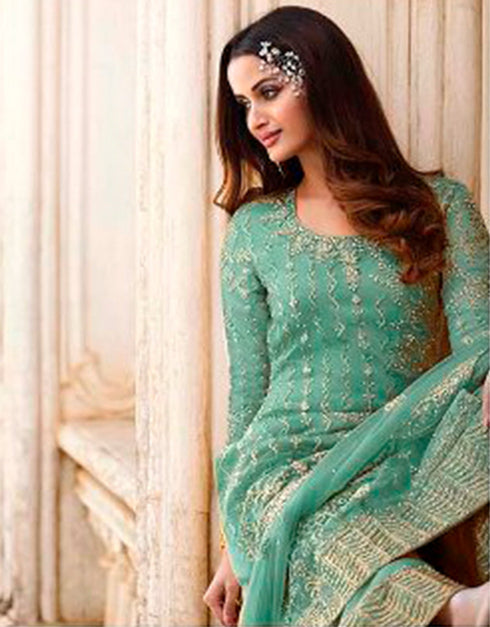 Sea Green Palazzo style Straight Butterfly Net Salwar Kameez in Cording Embroidery, Stone & Lace Work Closure View Embroidery