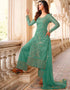 Sea Green Palazzo style Straight Butterfly Net Salwar Kameez in Cording Embroidery, Stone & Lace Work