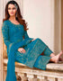 Sky Blue Palazzo style Straight Butterfly Net Salwar Kameez in Cording Embroidery, Stone & Lace Work Closure View