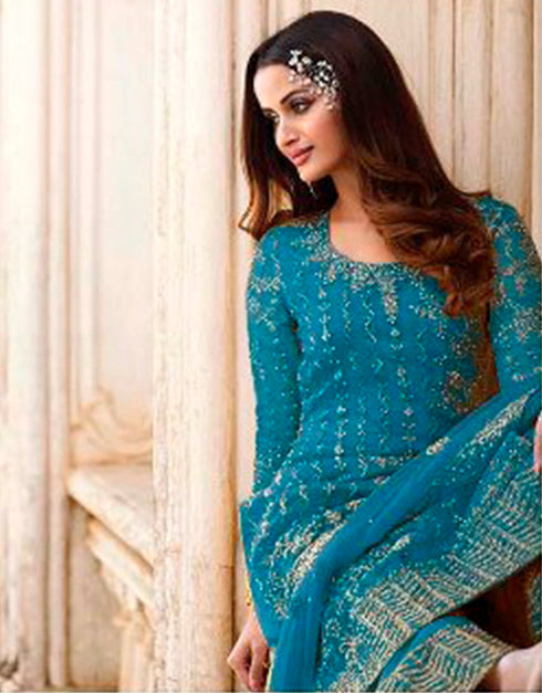 Sky Blue Palazzo style Straight Butterfly Net Salwar Kameez in Cording Embroidery, Stone & Lace Work Closure View Embroidery