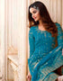 Sky Blue Palazzo style Straight Butterfly Net Salwar Kameez in Cording Embroidery, Stone & Lace Work Closure View Embroidery