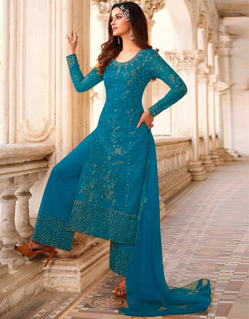 Sky Blue Palazzo style Straight Butterfly Net Salwar Kameez in Cording Embroidery, Stone & Lace Work