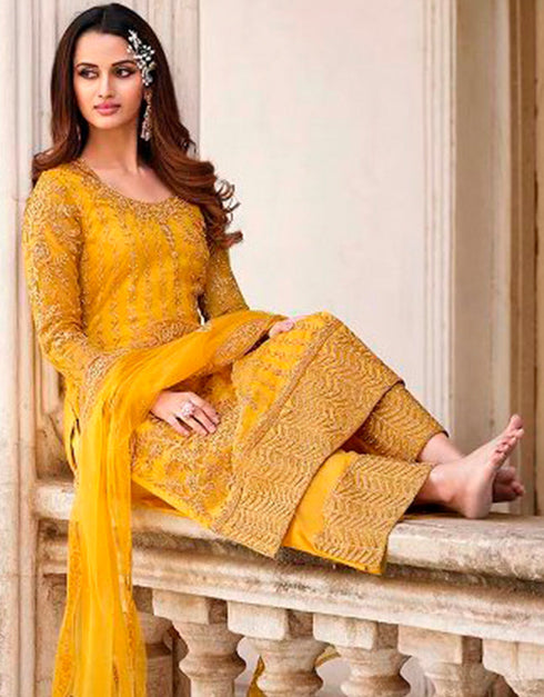 Yellow Palazzo style Straight Butterfly Net Salwar Kameez in Cording Embroidery, Stone & Lace Work Closure View