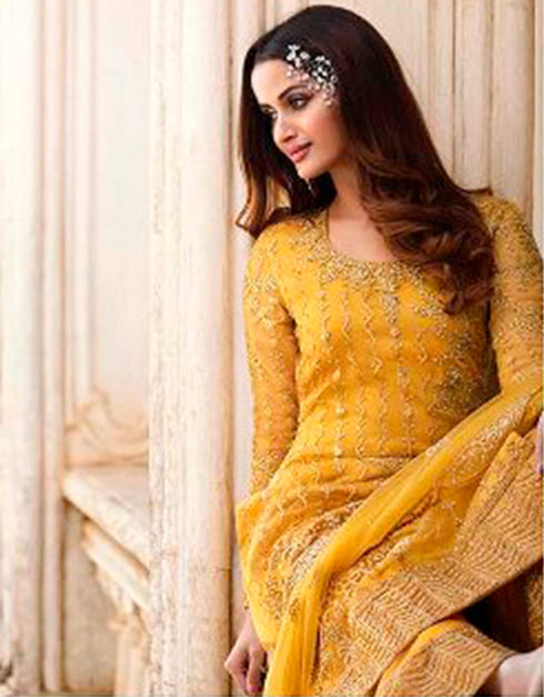 Yellow Palazzo style Straight Butterfly Net Salwar Kameez in Cording Embroidery, Stone & Lace Work Closure View Embroidery