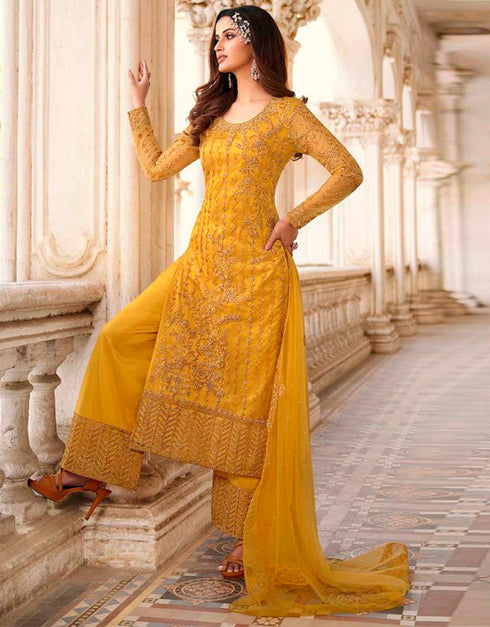 Yellow Palazzo style Straight Butterfly Net Salwar Kameez in Cording Embroidery, Stone & Lace Work