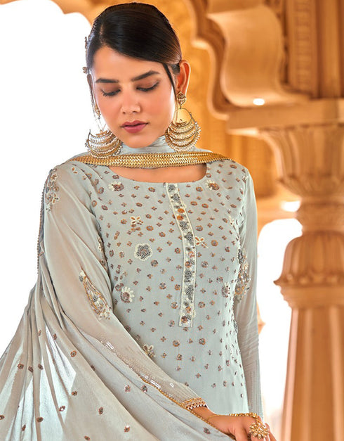 Grey Pant style Suit Faux Georgette Salwar Kameez in Sequins Embroidery & Lace Work Closure View