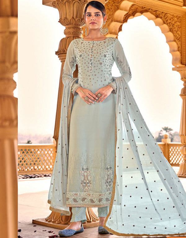 Grey Pant style Suit Faux Georgette Salwar Kameez in Sequins Embroidery & Lace Work