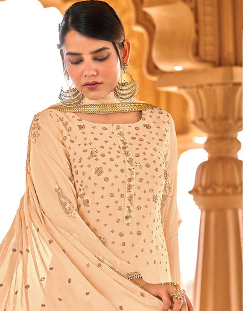 Beige Pant style Suit Faux Georgette Salwar Kameez in Sequins Embroidery & Lace Work Closure View