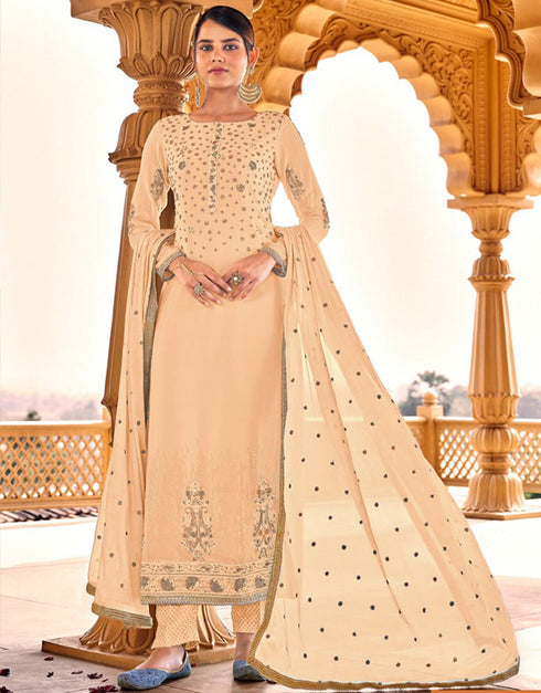 Beige Pant style Suit Faux Georgette Salwar Kameez in Sequins Embroidery & Lace Work