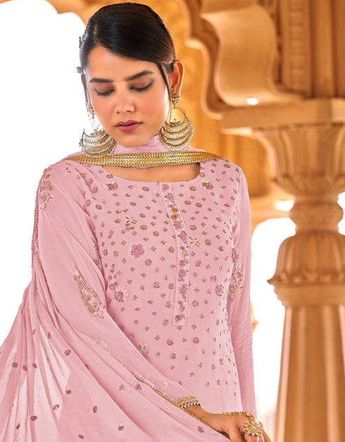 Light Pink Pant style Suit Faux Georgette Salwar Kameez in Sequins Embroidery & Lace Work Closure View
