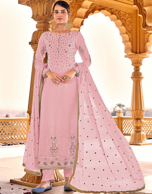 Light Pink Pant style Suit Faux Georgette Salwar Kameez in Sequins Embroidery & Lace Work