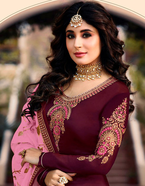 Wine Chudidar style Straight Satin Georgette Salwar Kameez in Embroidery, Stone & Lace Work Closure View