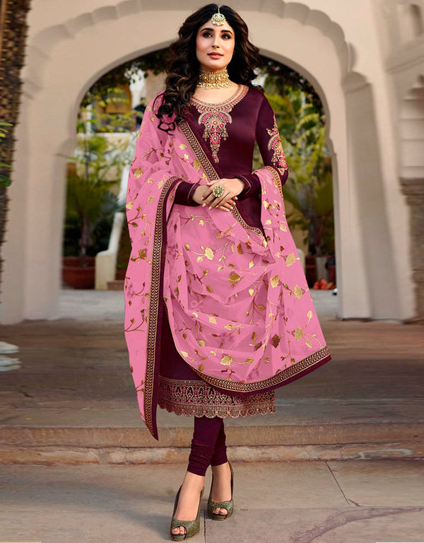 Wine Chudidar style Straight Satin Georgette Salwar Kameez in Embroidery, Stone & Lace Work