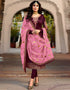 Wine Chudidar style Straight Satin Georgette Salwar Kameez in Embroidery, Stone & Lace Work