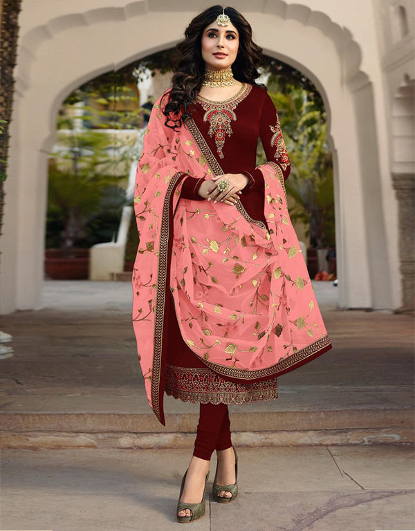 Burgundy Chudidar style Straight Satin Georgette Salwar Kameez in Embroidery, Stone & Lace Work