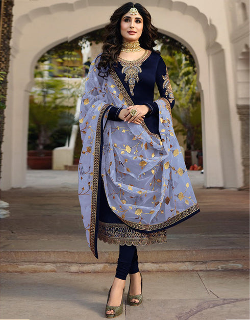 Navy Blue Chudidar style Straight Satin Georgette Salwar Kameez in Embroidery, Stone & Lace Work
