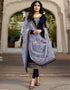 Navy Blue Chudidar style Straight Satin Georgette Salwar Kameez in Embroidery, Stone & Lace Work