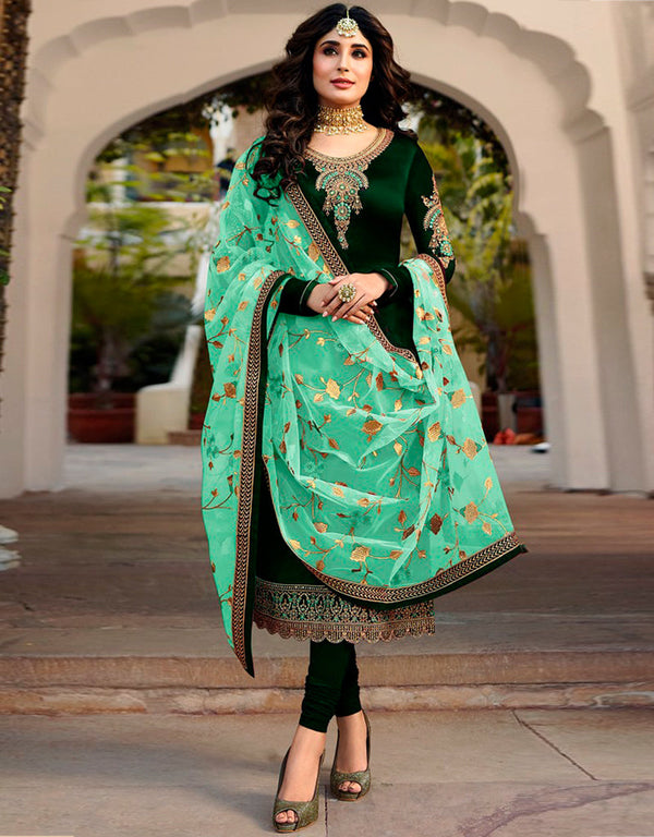 Dark Green Chudidar style Straight Satin Georgette Salwar Kameez in Embroidery, Stone & Lace Work