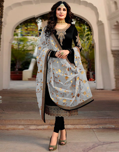 Black Chudidar style Straight Satin Georgette Salwar Kameez in Embroidery, Stone & Lace Work
