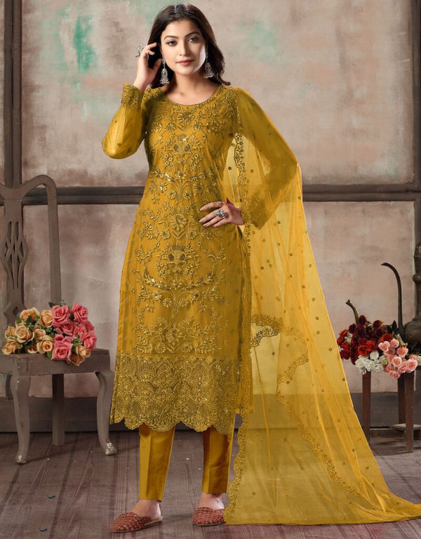 Yellow Net Pant Salwar Suits