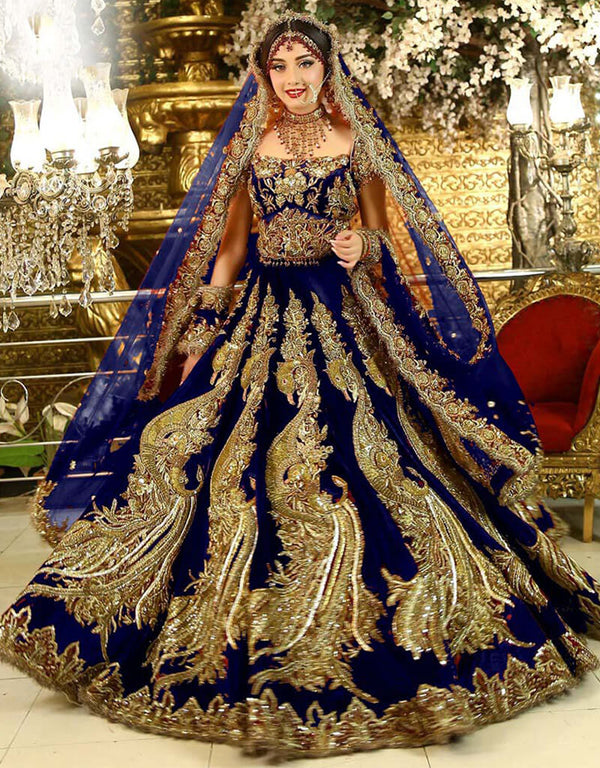 Blue Lehenga style Choli 9000 Velvet Salwar Kameez in Embroidery, Daimonds, Sequins & Lace Work