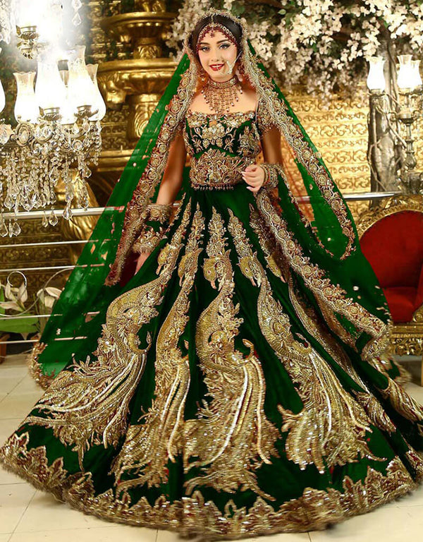 Green Lehenga style Choli 9000 Velvet Salwar Kameez in Embroidery, Daimonds, Sequins & Lace Work