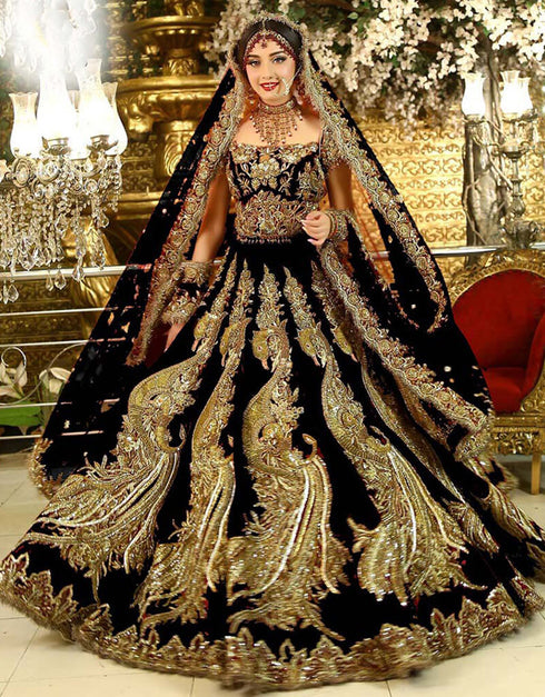 Black Lehenga style Choli 9000 Velvet Salwar Kameez in Embroidery, Daimonds, Sequins & Lace Work