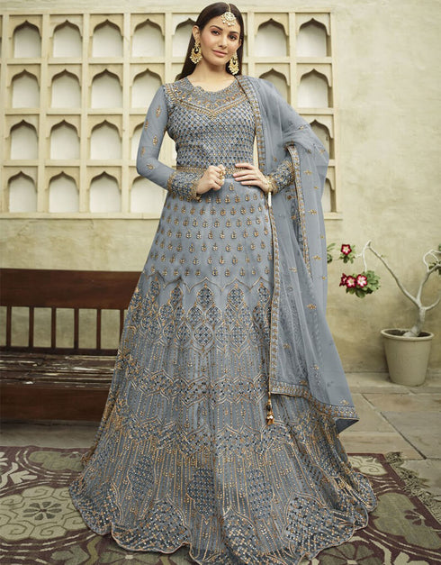 Grey Anarkali style Anarkali Butterfly Net Salwar Kameez in Embroidery, Stone & Lace Work