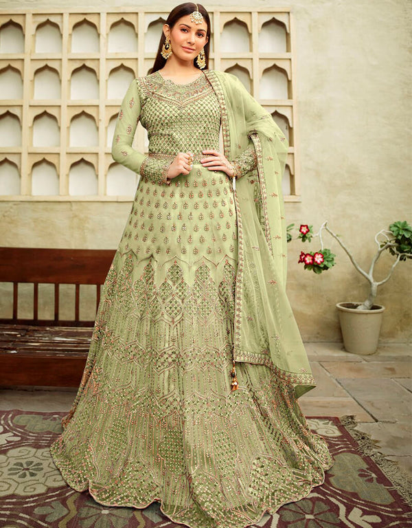 Pista Green Anarkali style Anarkali Butterfly Net Salwar Kameez in Embroidery, Stone & Lace Work