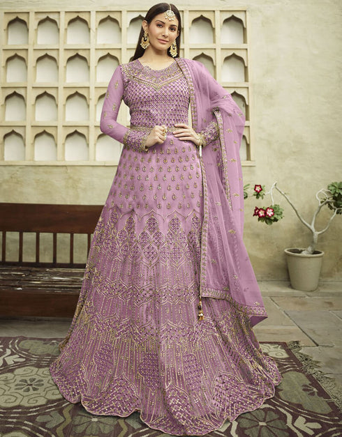 Light Purple Anarkali style Anarkali Butterfly Net Salwar Kameez in Embroidery, Stone & Lace Work
